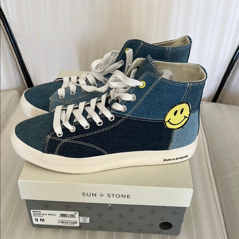 Sun + Stone Blue and White High-Top Sneakers